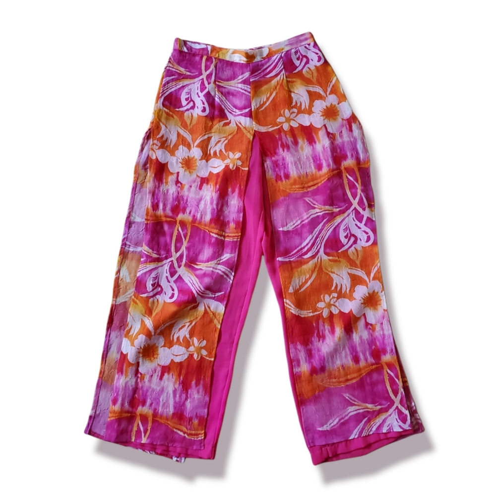 Bright Pink & Orange Floral Wide-Leg Pants